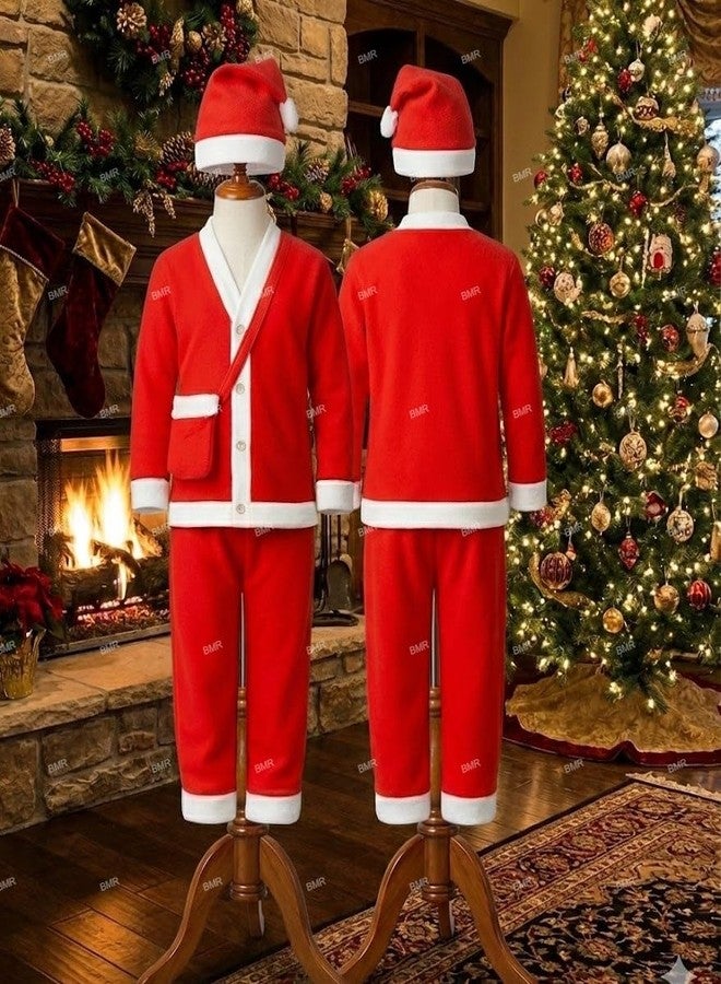 SKYWARE Santa Claus Dress For Kids 3-5 Years Boy Girl 5Pc Set with Beard Shirt Pant Hat Goodie Bag Warm Fleece Christmas Fancy Dress Competition Costume School Function Xmas Gift Suit Prop Red - Image 3